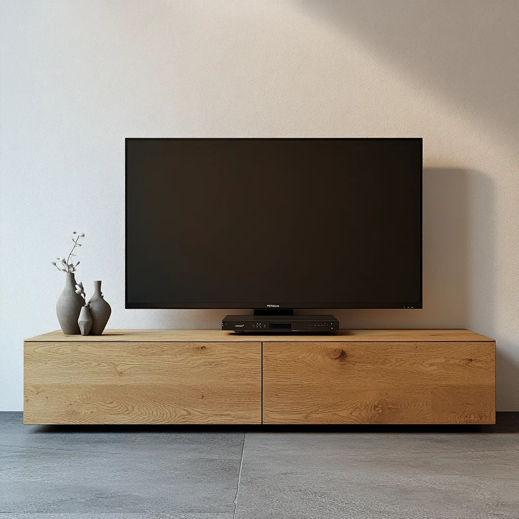 Szafka RTV Dębowa Podwieszana – 100% Lite Drewno – 200x45x42,5 cm – Prosta i Elegancka z Dwiema Szafkami - zdjecie produktu
