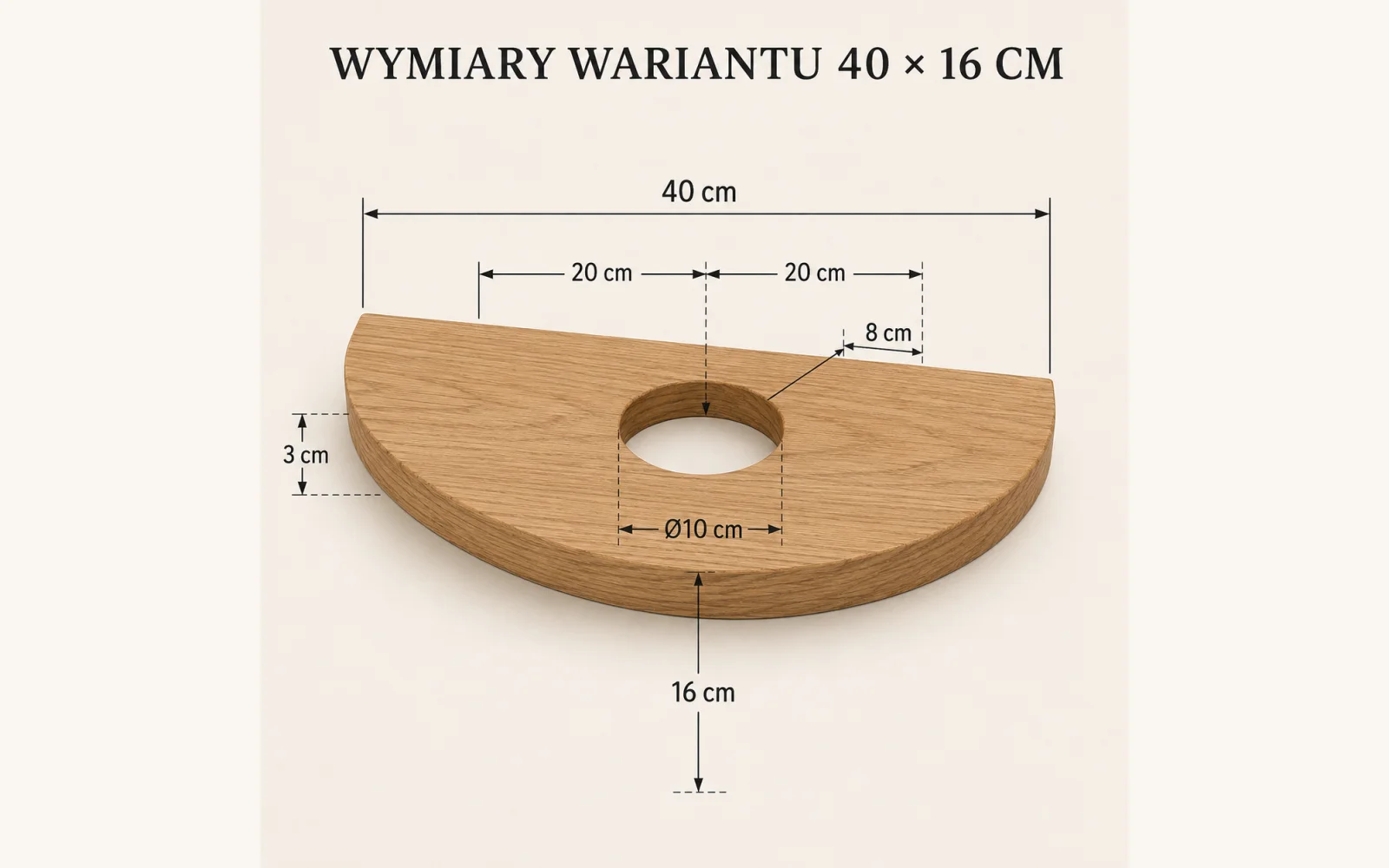Wymiary półki GREEN 40×16 cm i otworu Ø10 cm
