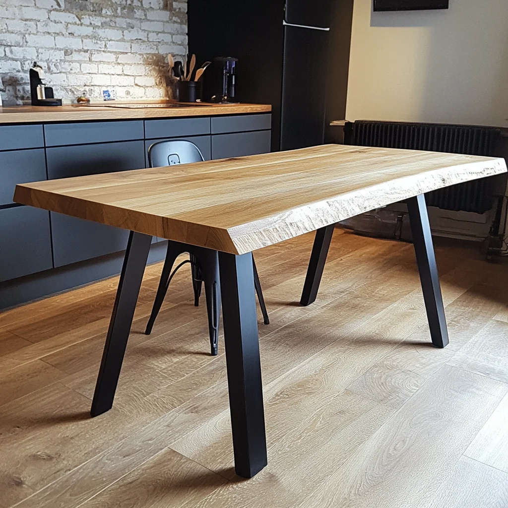 Nowoczesny Stół Dębowy z Cięciem na Krawędzi – Blat 140x90 cm - Wysokość 78 cm - Grubość 4 cm - 4 Stalowe Nogi